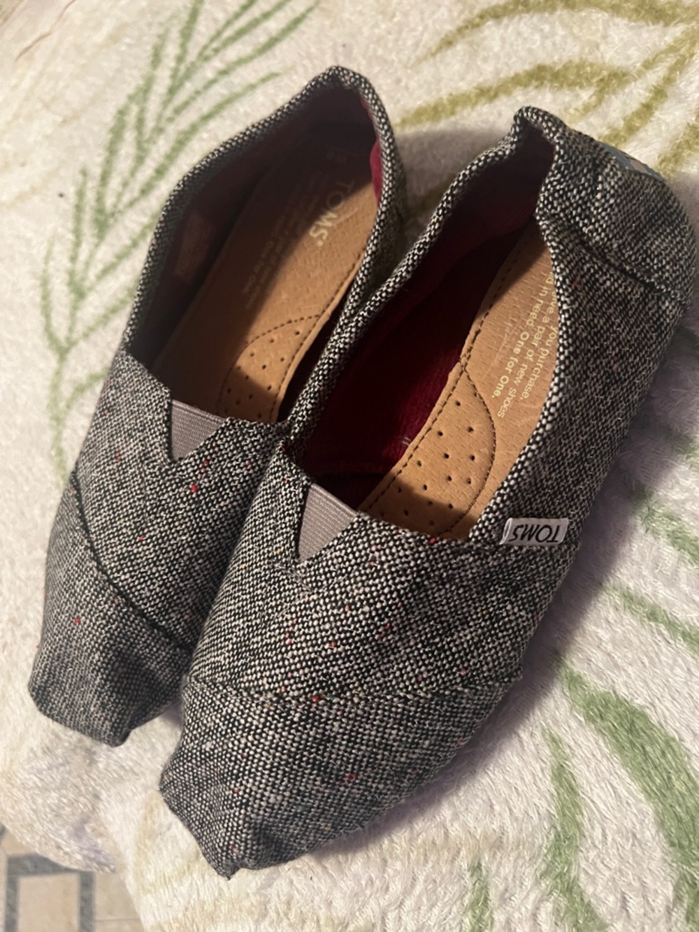 Toms Black & White Tweed Slip-On Shoes with Red Flecks